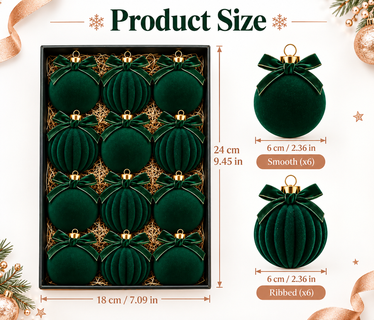 12-Piece Dark Green Velvet Christmas Balls with Bows (6cm)