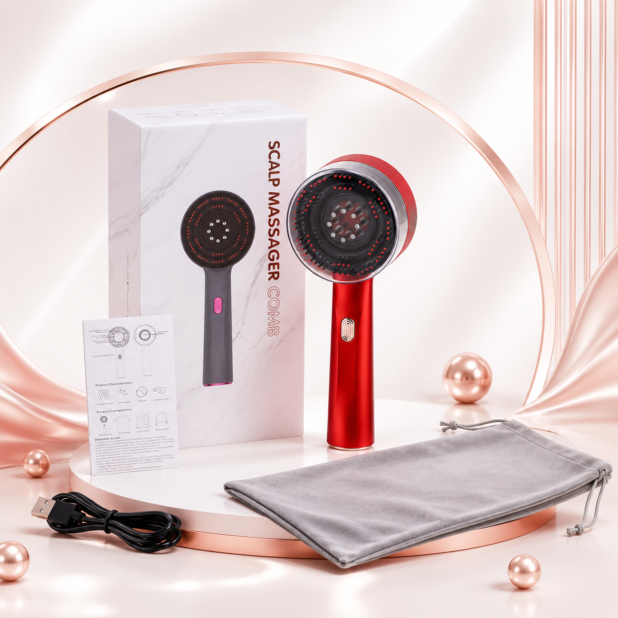USB Rechargeable Scalp Massager with Red Light & Serum Applicator