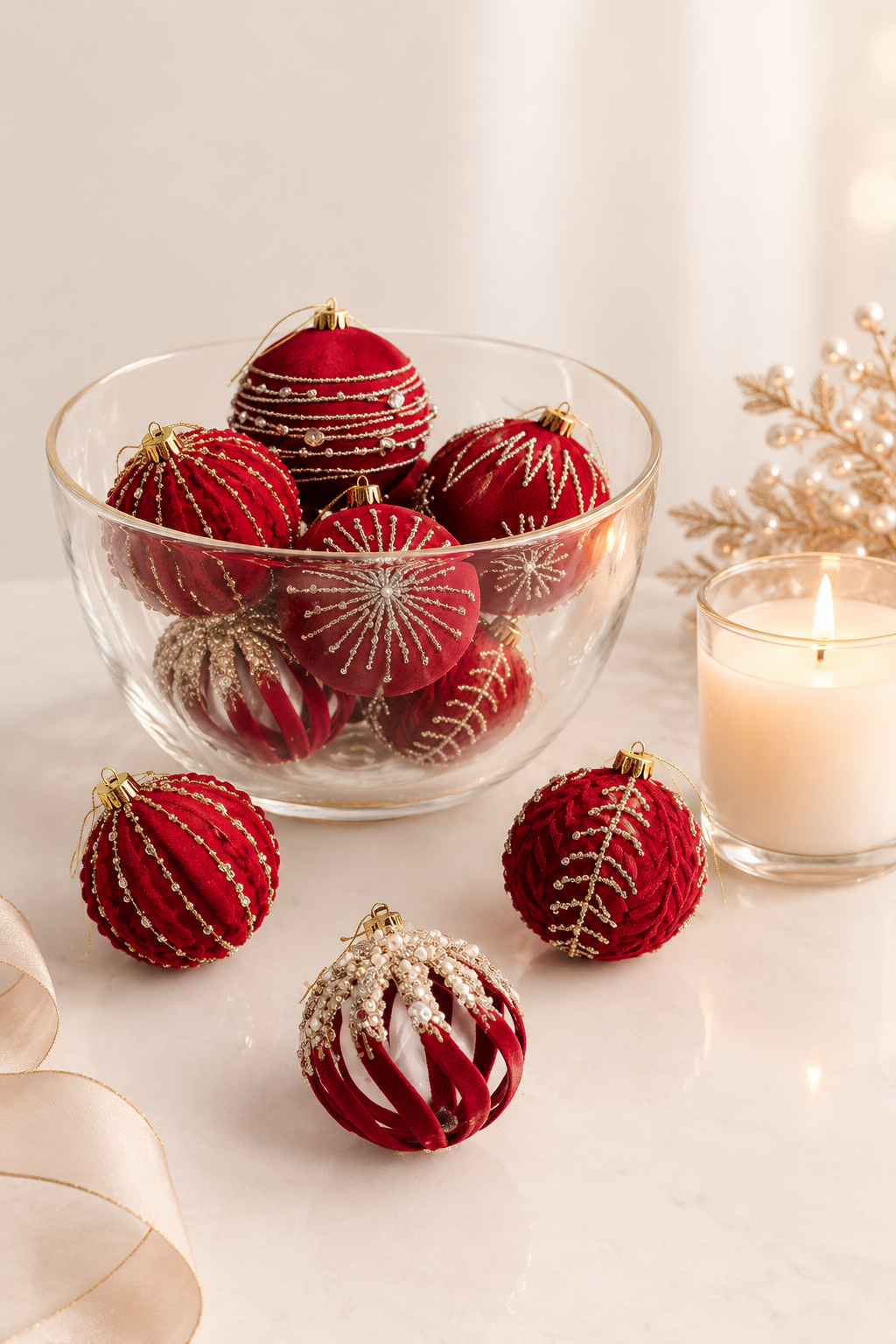 4-Piece Burgundy Flocked Glitter Christmas Tree Ornaments - 3.15 Inch Set