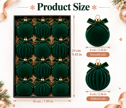 12-Piece Dark Green Velvet Christmas Balls with Bows (6cm)