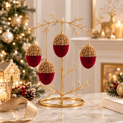 Burgundy Crown Christmas Ornaments - 4-Piece Sequin & Flocked Ball Set