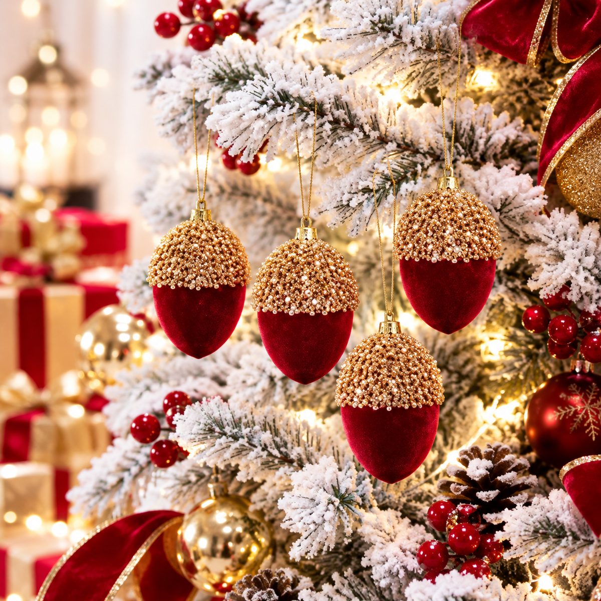 Burgundy Crown Christmas Ornaments - 4-Piece Sequin & Flocked Ball Set