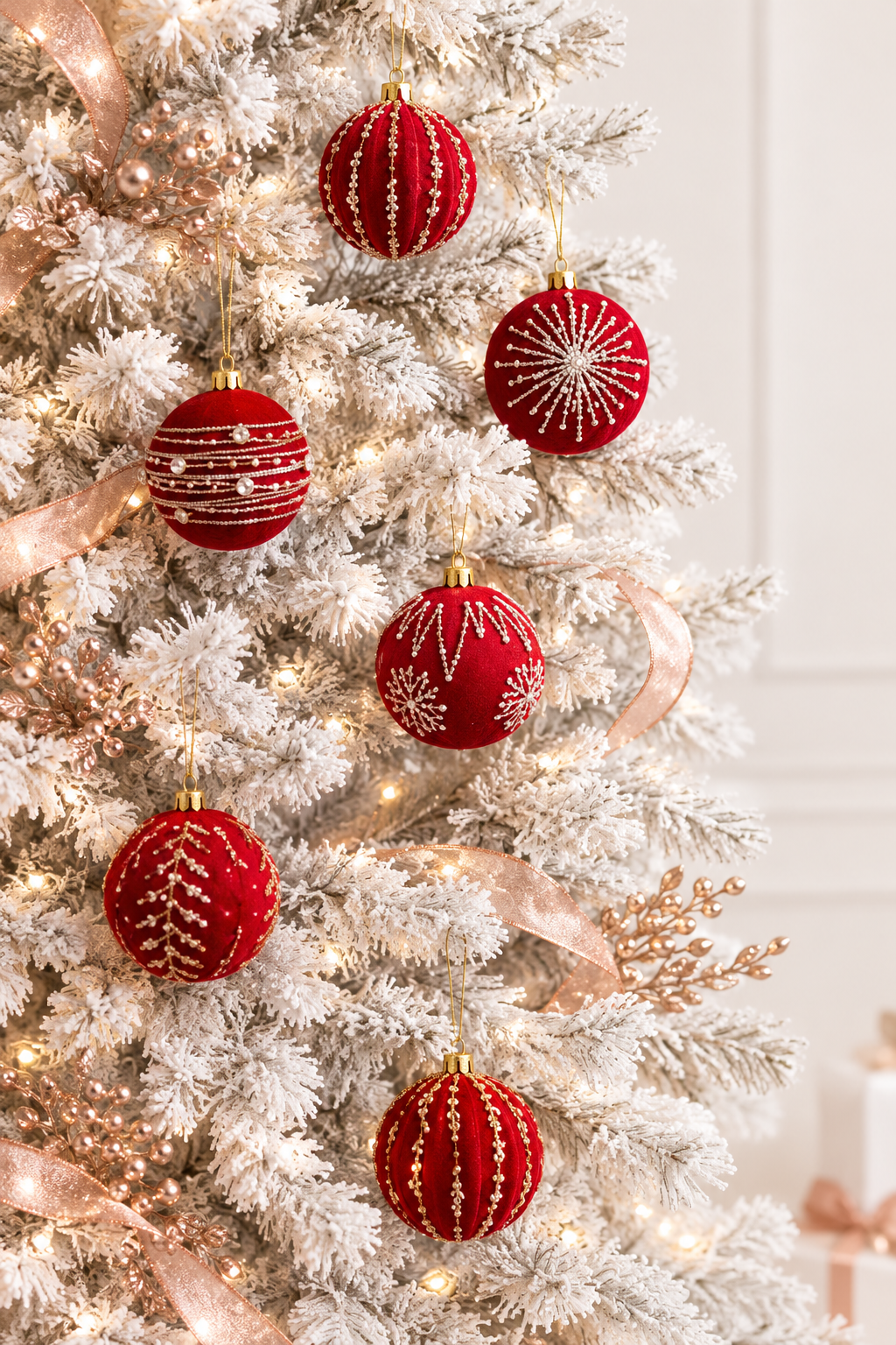 4-Piece Burgundy Flocked Glitter Christmas Tree Ornaments - 3.15 Inch Set