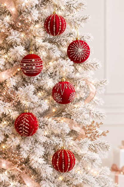 4-Piece Burgundy Flocked Glitter Christmas Tree Ornaments - 3.15 Inch Set