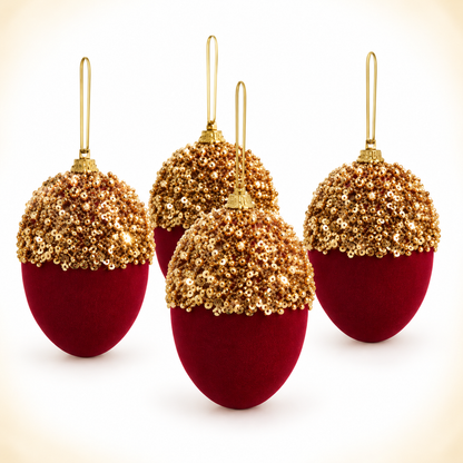 Burgundy Crown Christmas Ornaments - 4-Piece Sequin & Flocked Ball Set