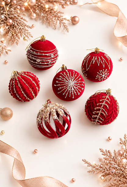 4-Piece Burgundy Flocked Glitter Christmas Tree Ornaments - 3.15 Inch Set