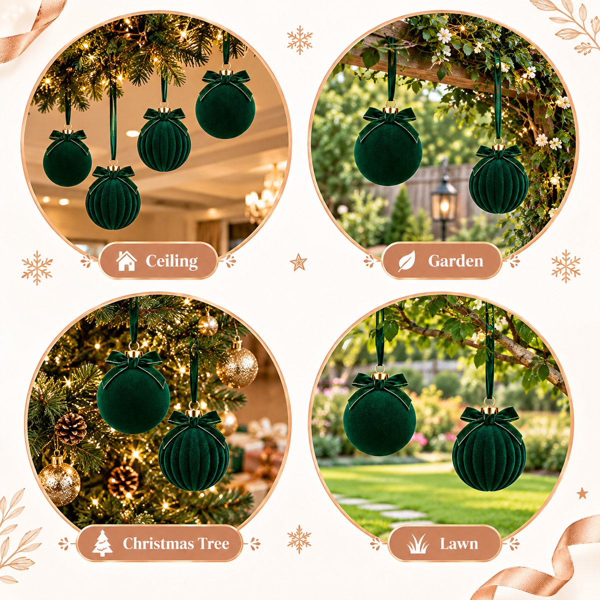 12-Piece Dark Green Velvet Christmas Balls with Bows (6cm)